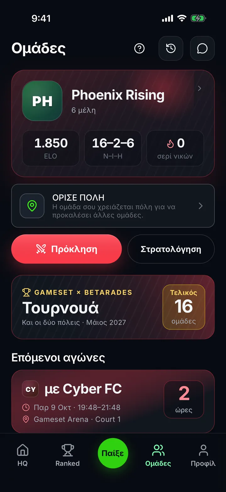 Η σελίδα μιας ομάδας με τα μέλη, το ELO, το ρεκόρ και τους επόμενους αγώνες